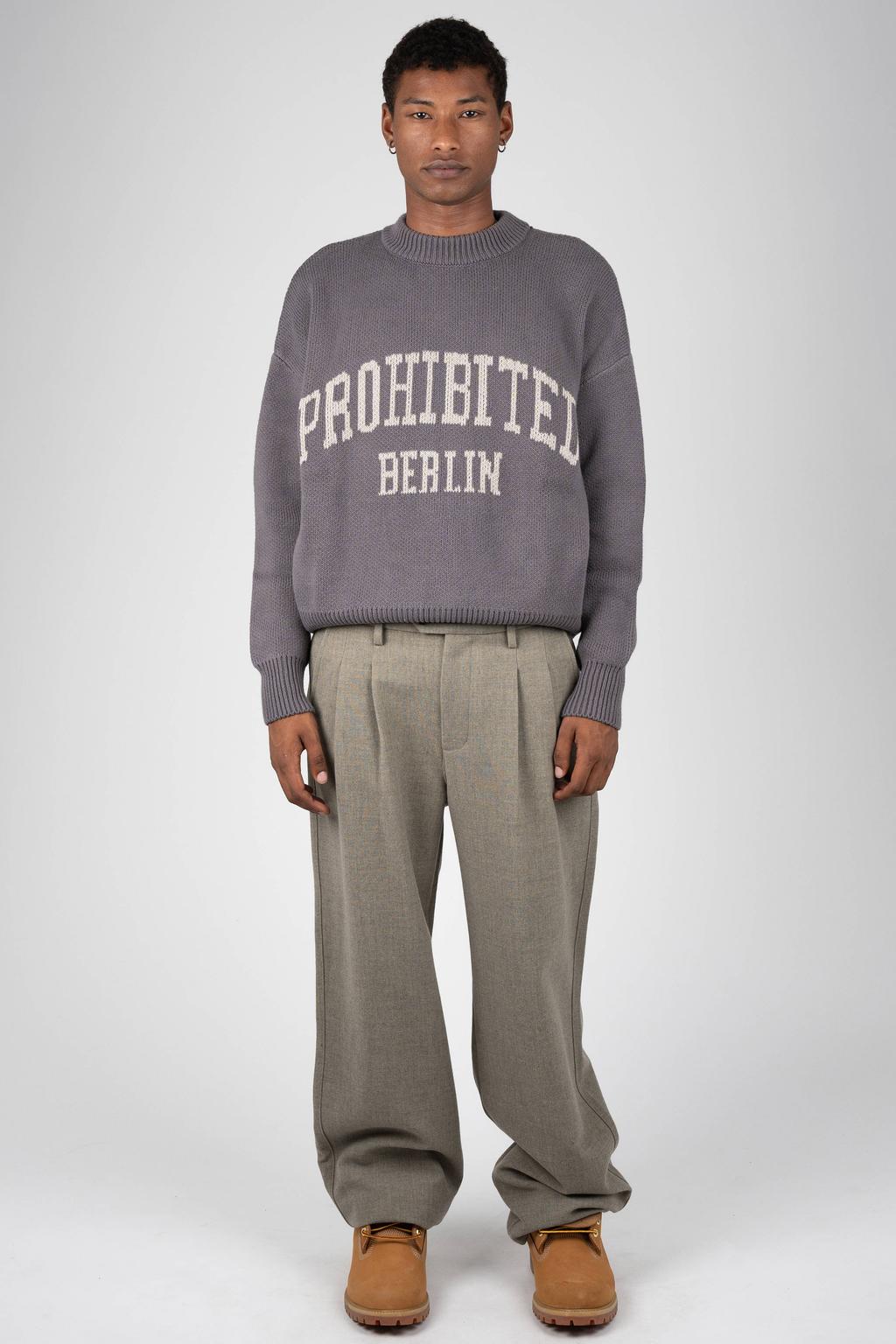 Grijze heren Prohibited katoenen gebreide jacquard trui met printopdruk, lange mouwen en ronde hals