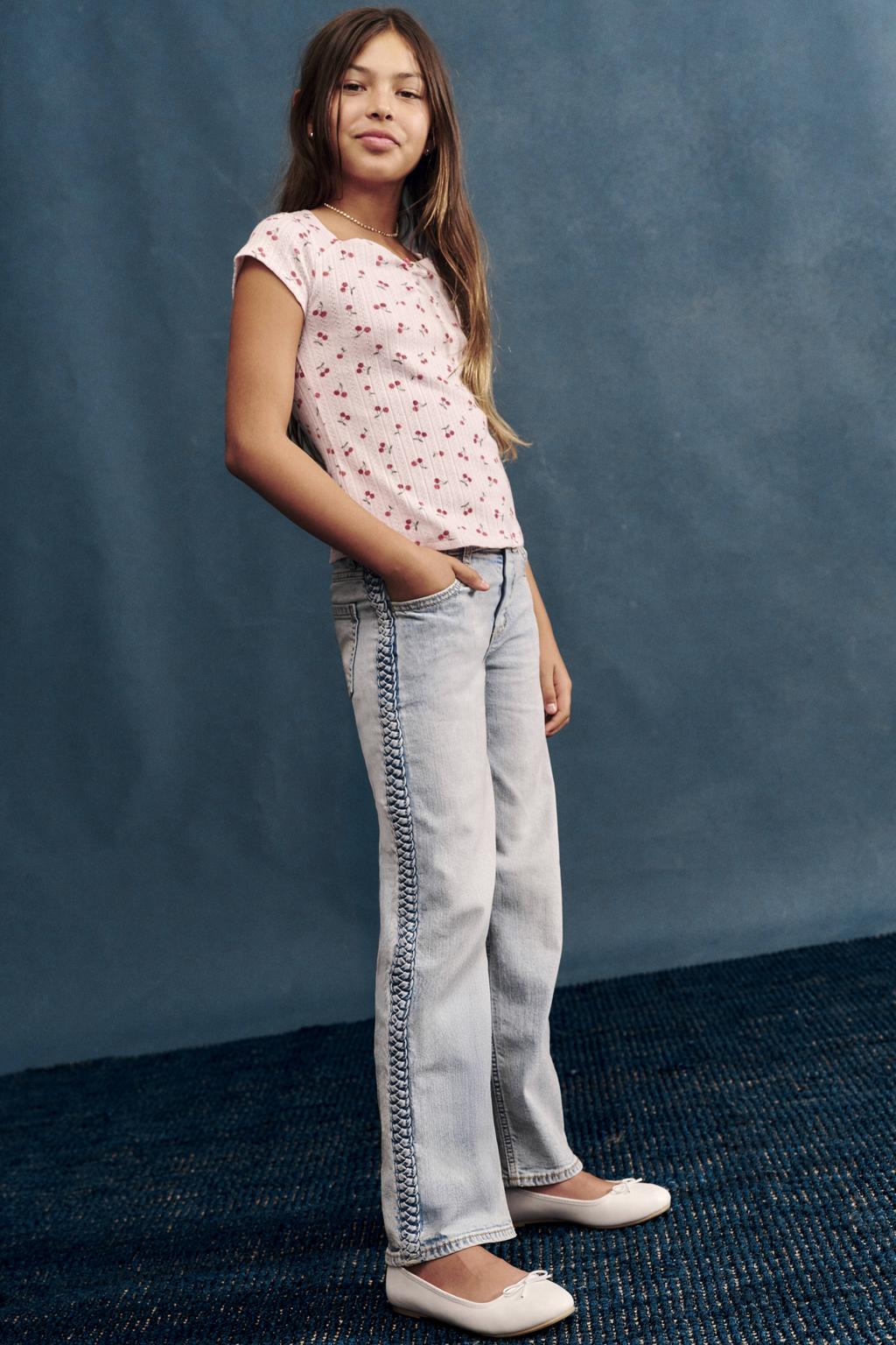 Light blue denim meisjes Abercrombie & Fitch wide leg jeans van stretchdenim met rits- en knoopsluiting en effen