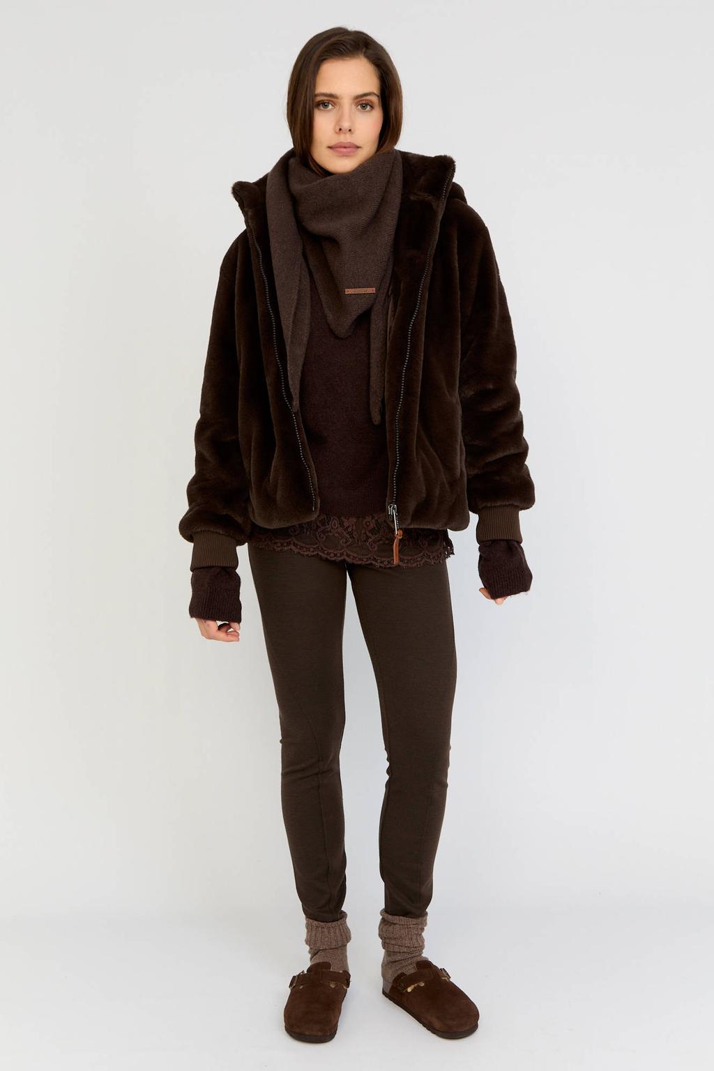 Bruine dames Moscow faux fur jas van polyester met effen, lange mouwen en capuchon