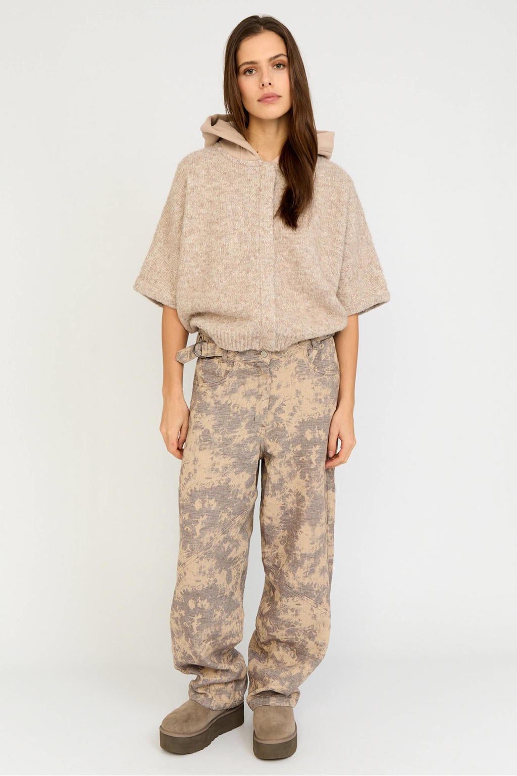Beige dames Moscow gebreide vest met effen, korte mouwen, capuchon en knoopsluiting
