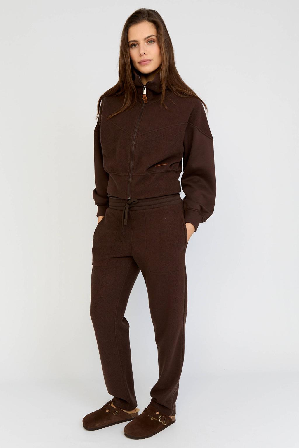 Bruine dames Moscow slim fit broek van polyester met high waist, elastische tailleband met koord en effen