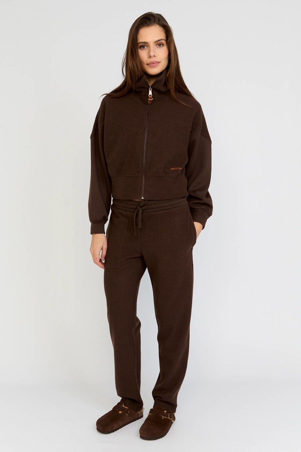 Bruine dames Moscow van polyester met effen, lange mouwen, klassieke kraag en ritssluiting