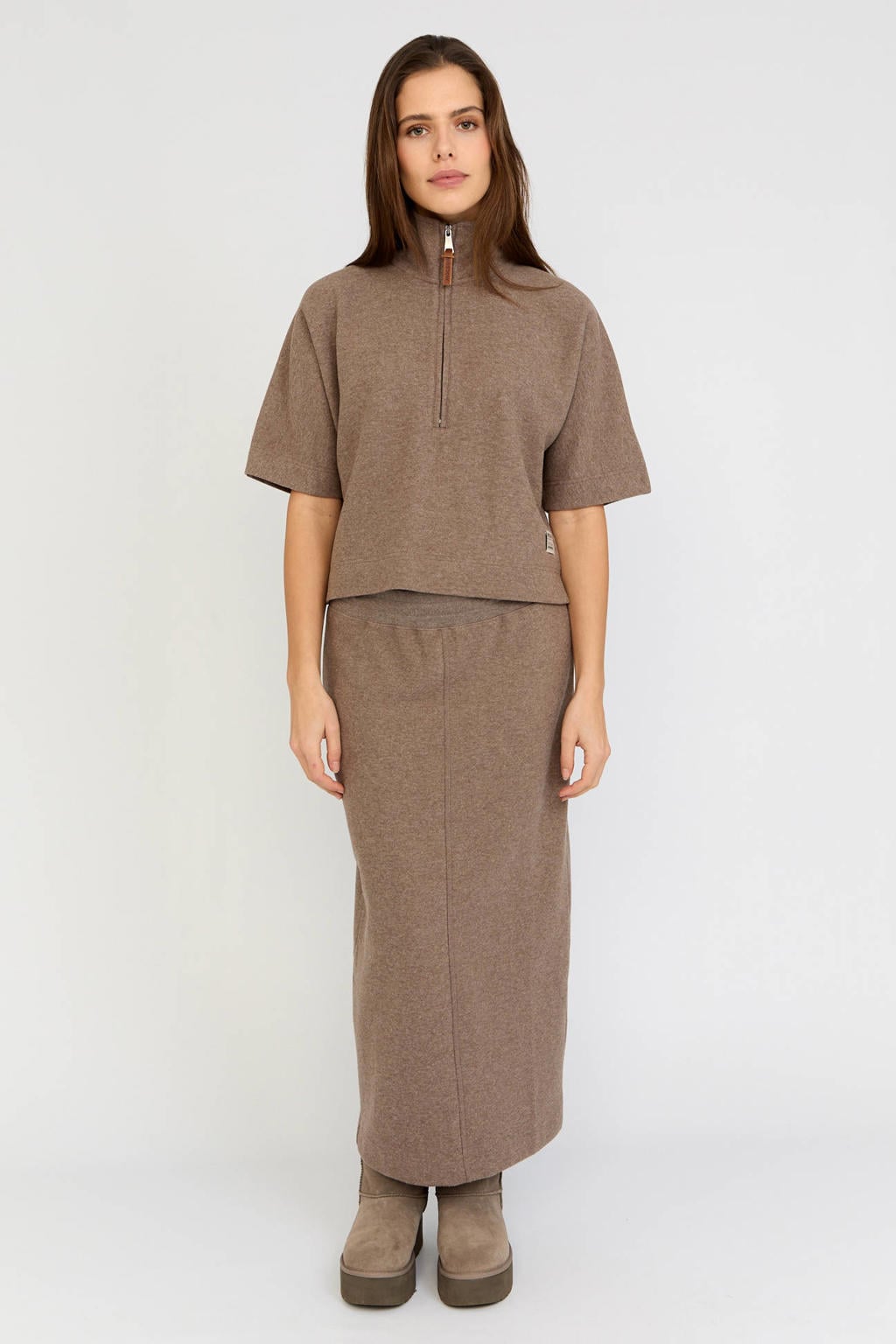 Taupe dames Moscow maxi rok gemaakt van polyester en met elastische tailleband