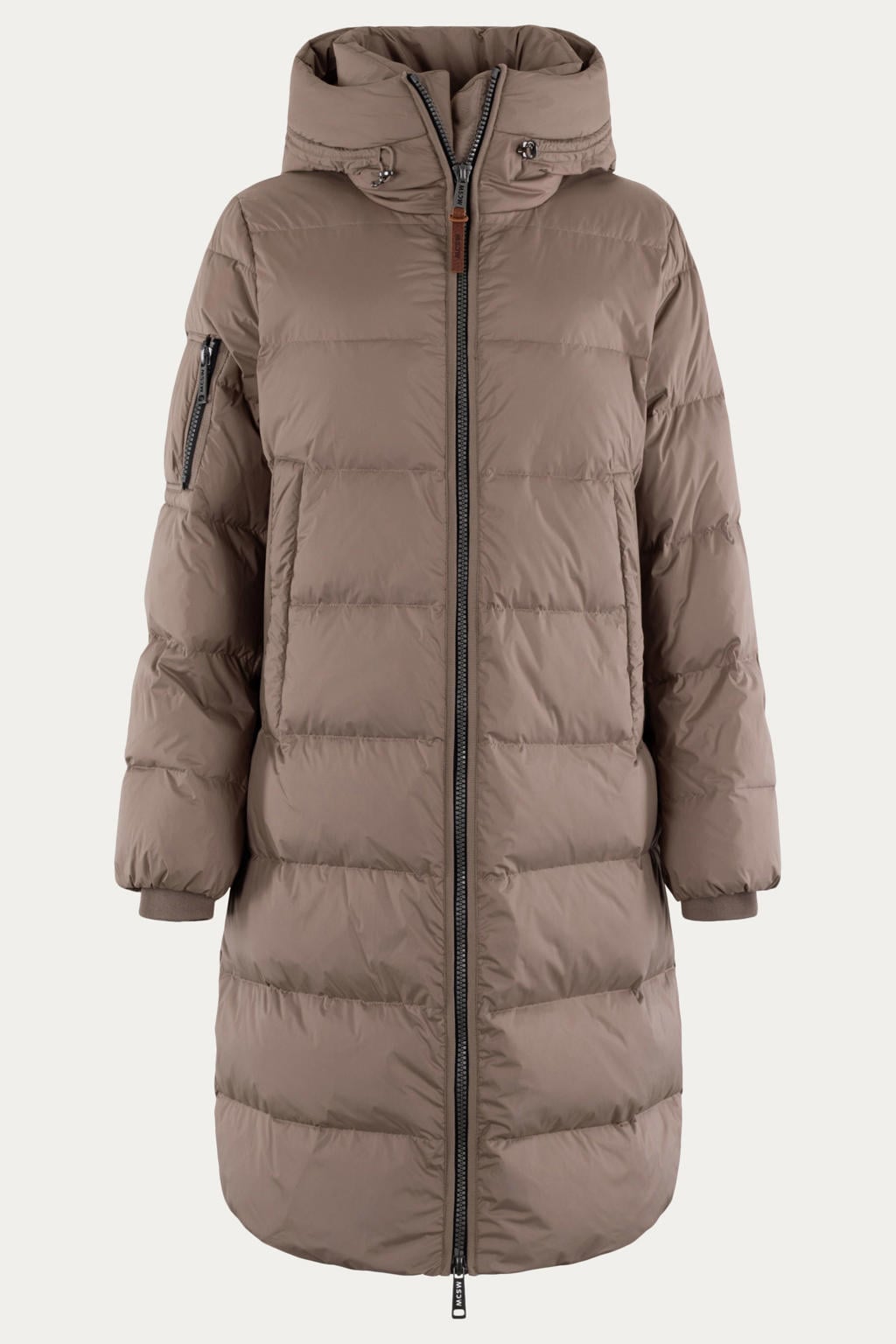 Taupe dames Moscow gewatteerde jas van polyester met effen, lange mouwen en capuchon
