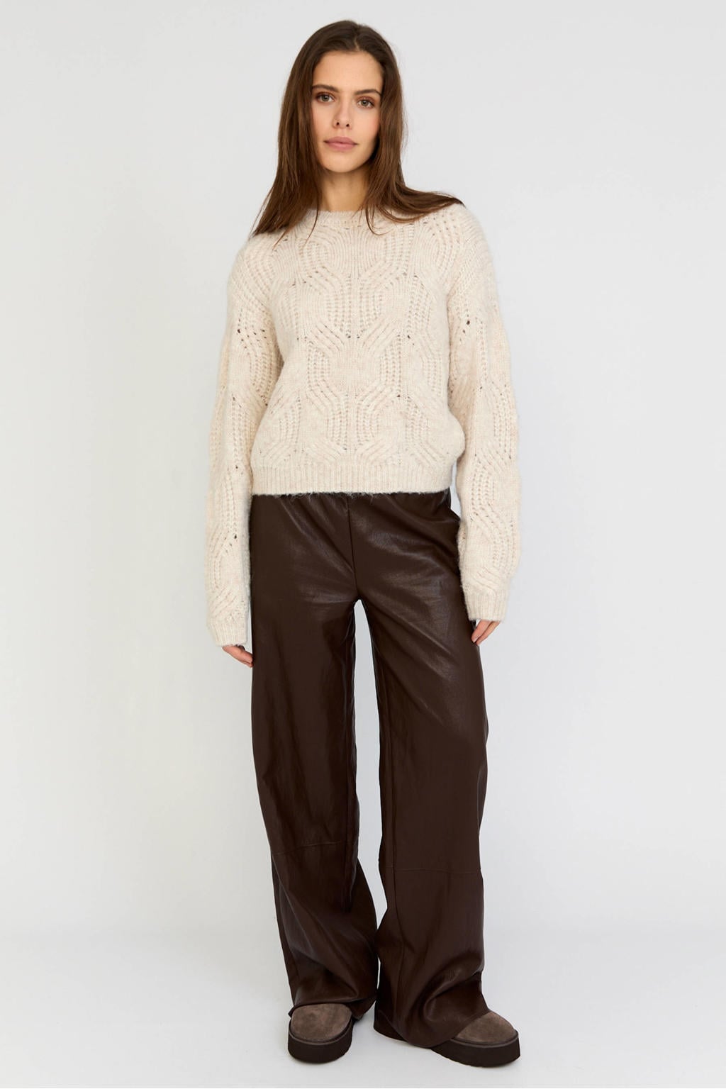 Beige dames Moscow gebreide trui van polyamide met effen, lange mouwen en ronde hals