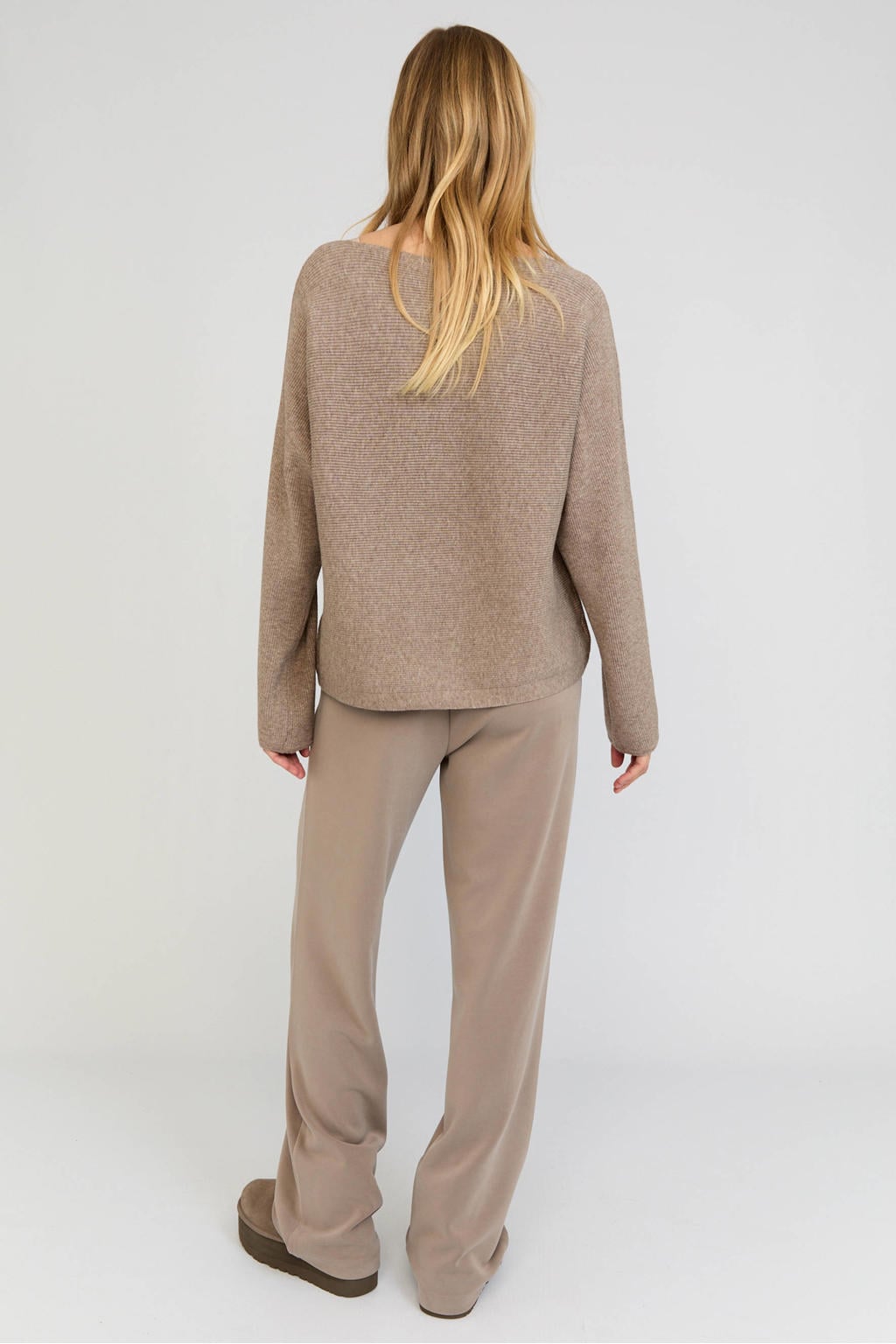 Taupe dames Moscow pullover van acryl met effen, lange mouwen en ronde hals