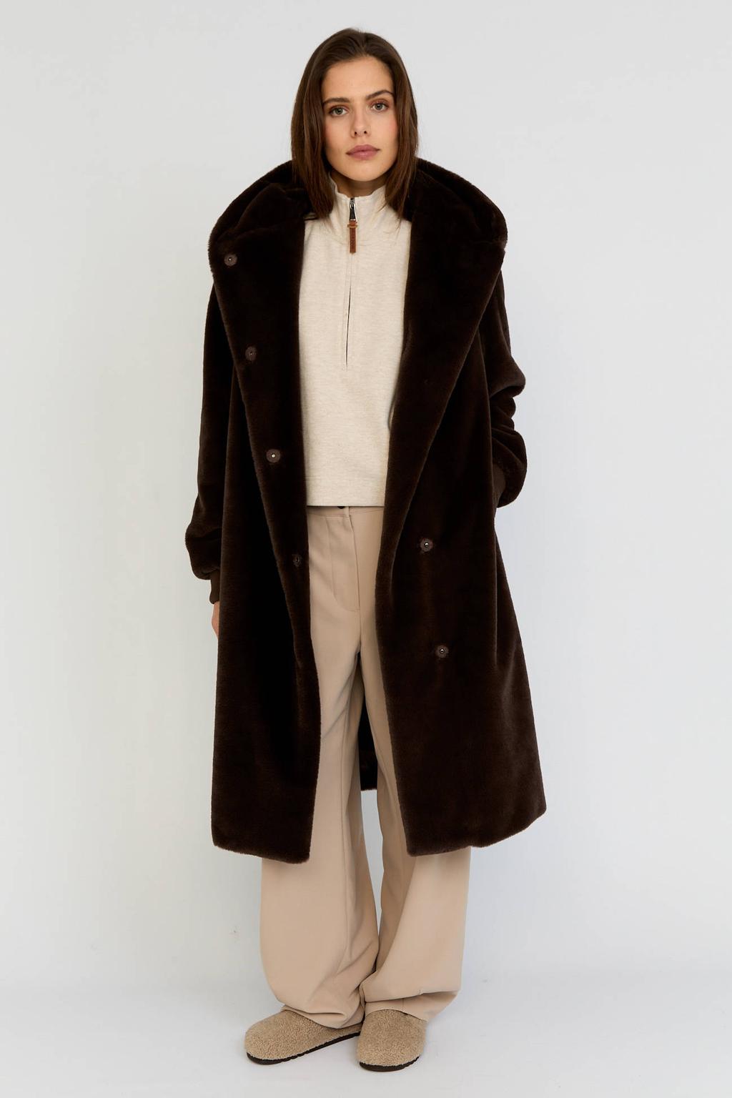 Bruine dames Moscow faux fur jas van polyester met effen, lange mouwen en capuchon