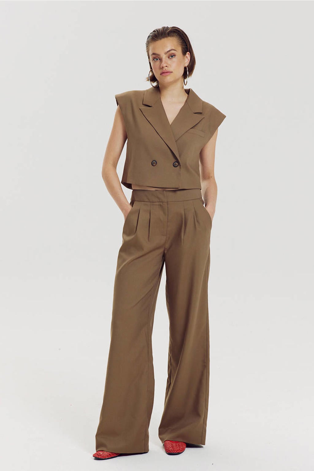 Kakikleurige dames HARPER & YVE high waist wide leg broek met rits, haak- en knoopsluiting en effen