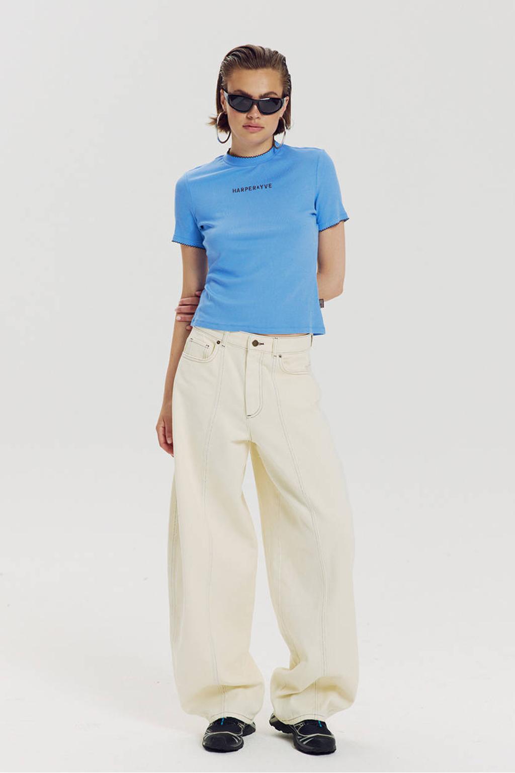 Blauwe dames HARPER & YVE T-shirt van viscose met effen, korte mouwen, ronde hals en contrast bies