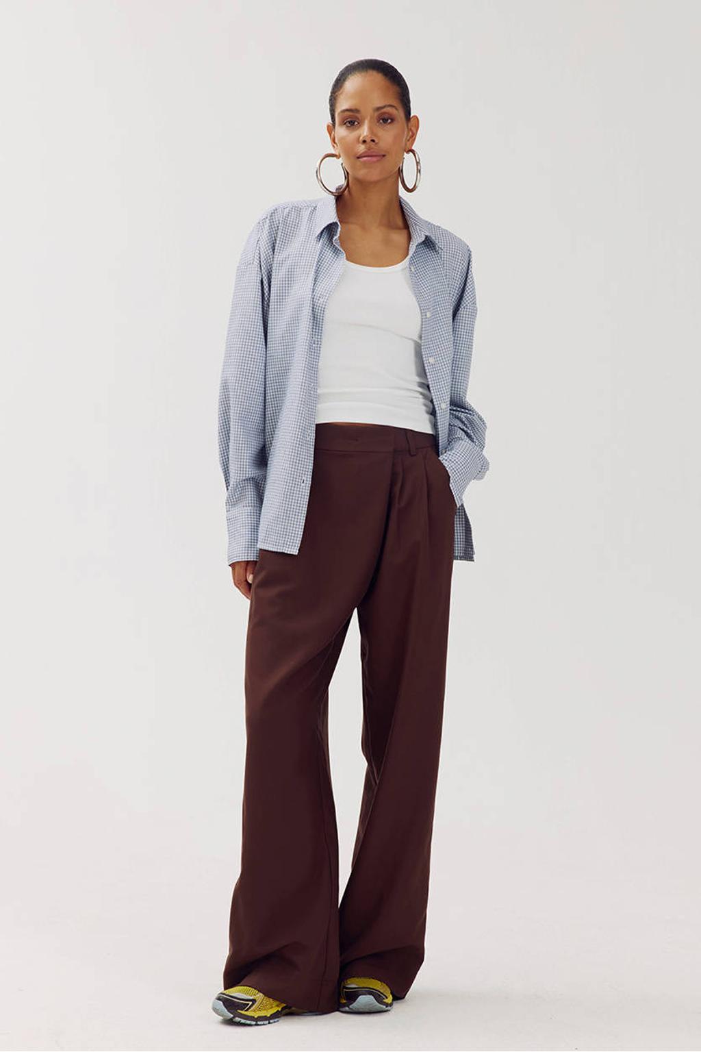 Donkerpaarse dames HARPER & YVE wide leg pantalon met rits, haak- en knoopsluiting en effen