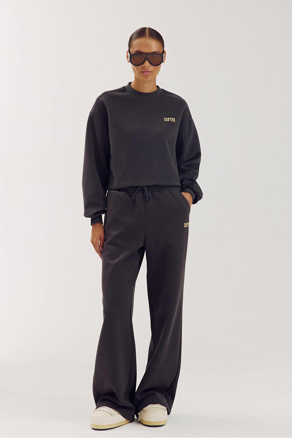 Antraciete dames HARPER & YVE cropped trui van polyester met logo dessin, lange mouwen en ronde hals