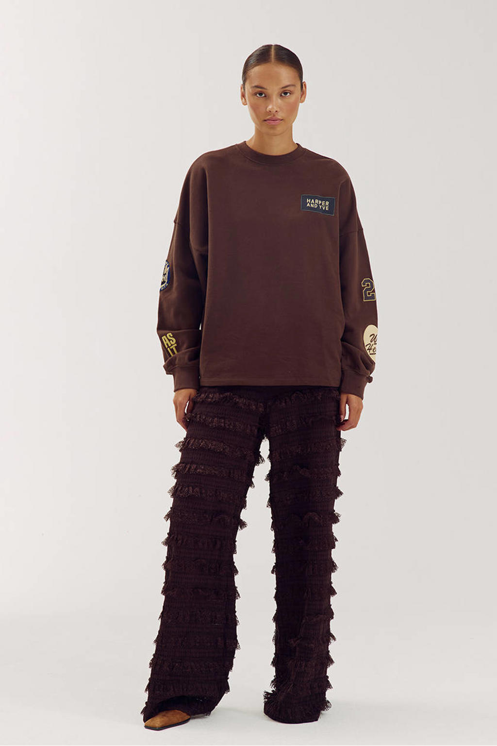 Donkerblauwe dames HARPER & YVE katoenen oversized trui met logo dessin, lange mouwen, ronde hals en borduursels