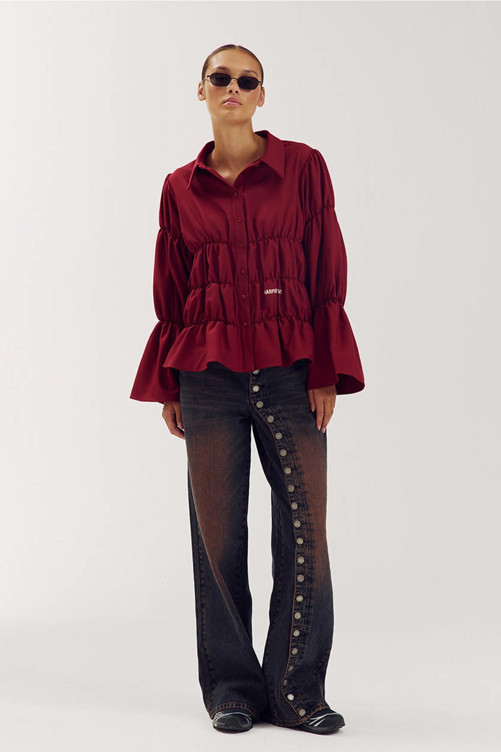HARPER & YVE blouse met smockwerk - wijnrood