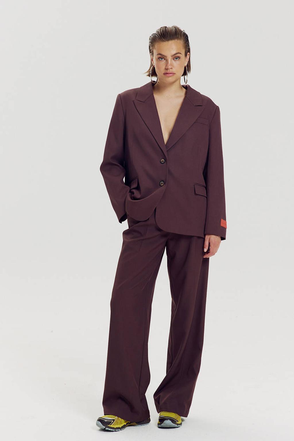 Donkerpaarse dames HARPER & YVE high waist wide leg broek met rits, haak- en knoopsluiting en effen