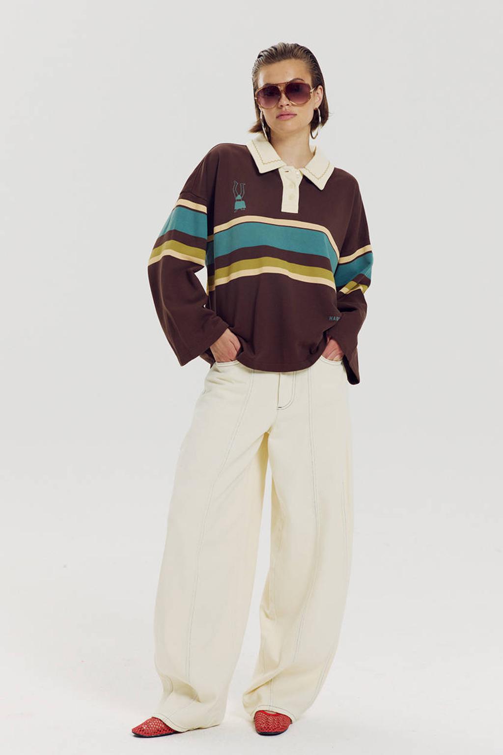 Bruine dames HARPER & YVE katoenen gestreepte sweater met lange mouwen en polo kraag