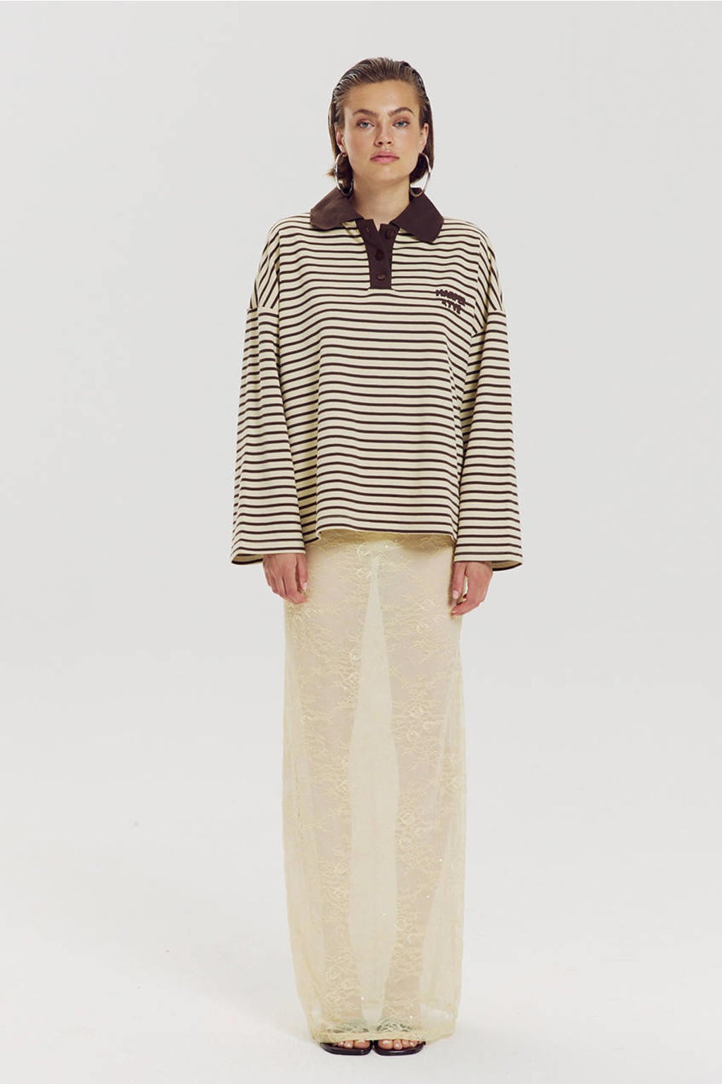 Bruine dames HARPER & YVE gestreept T-shirt van polyester met korte mouwen en polo kraag