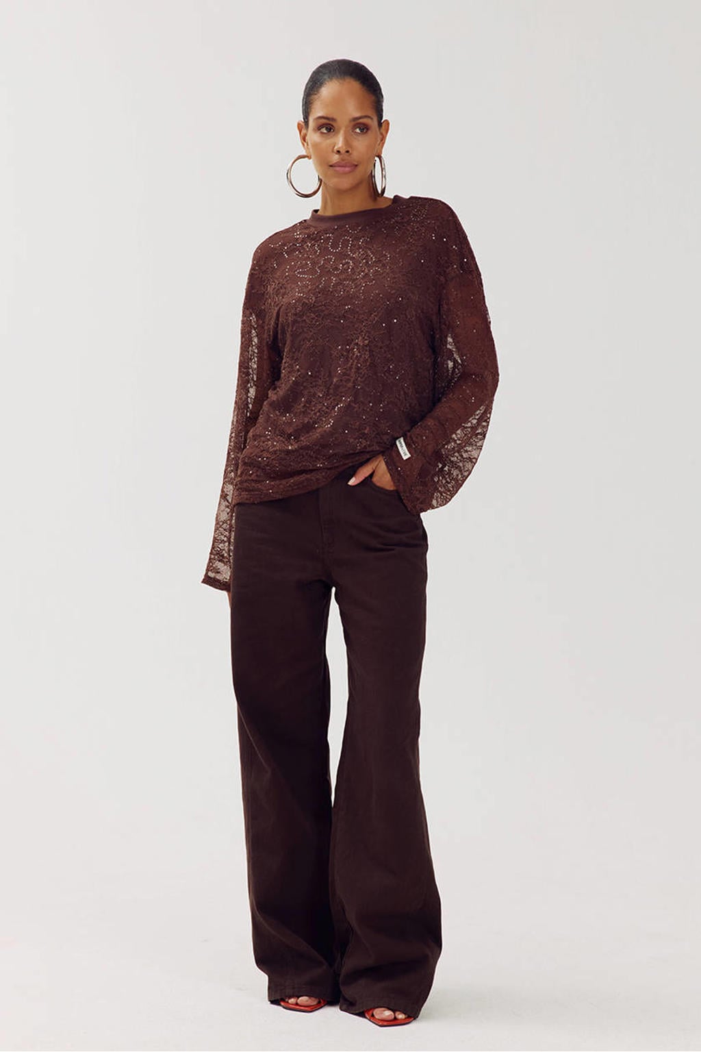 HARPER & YVE kanten oversized semi-transparante top met glitters - roodbruin
