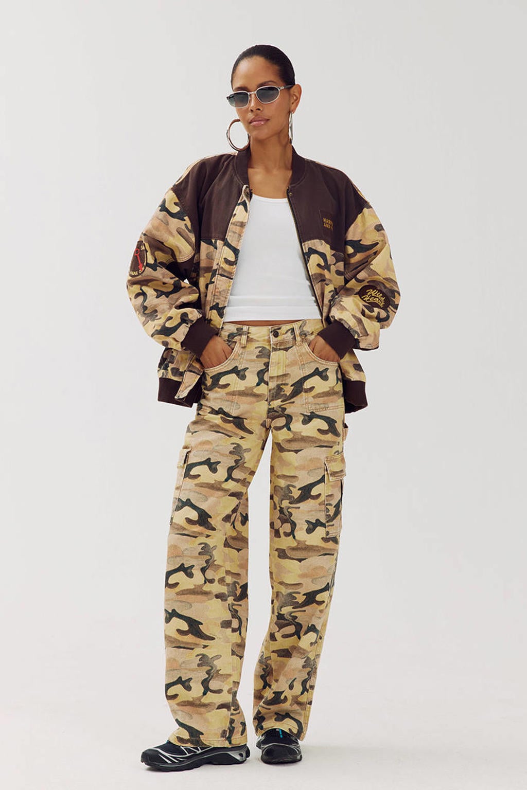 Geel en bruine dames HARPER & YVE wide leg camouflage jeans van denim met rits- en knoopsluiting