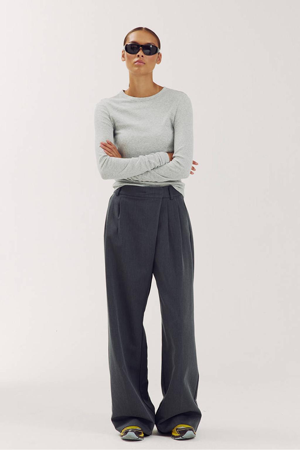 Antraciete dames HARPER & YVE wide leg pantalon met rits, haak- en knoopsluiting en effen