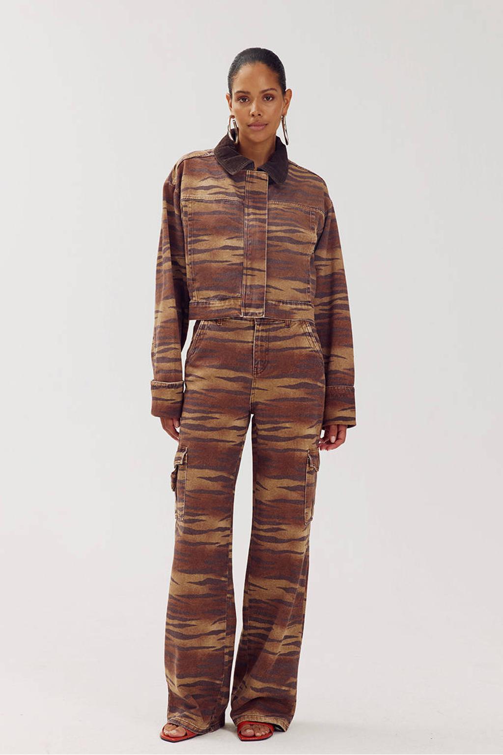 Bruine dames HARPER & YVE wide leg jeans van denim met rits- en knoopsluiting en dierenprint