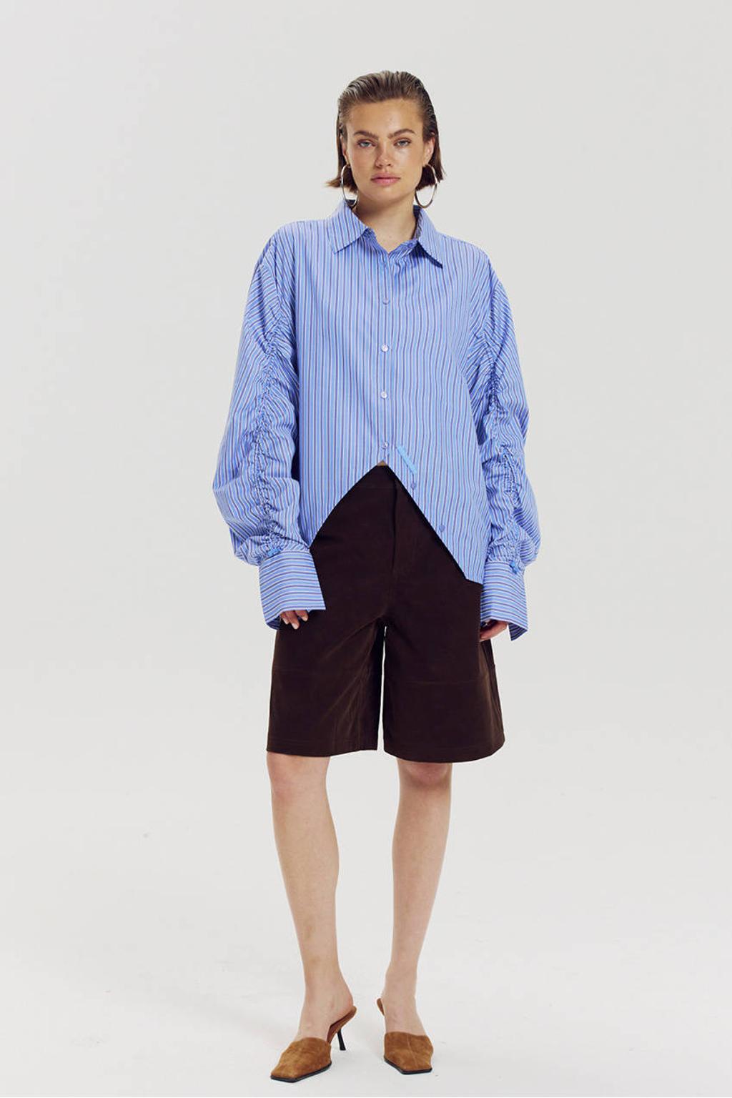 Blauwe dames HARPER & YVE gestreepte blouse van katoen met lange mouwen, klassieke kraag, knoopsluiting en plooien