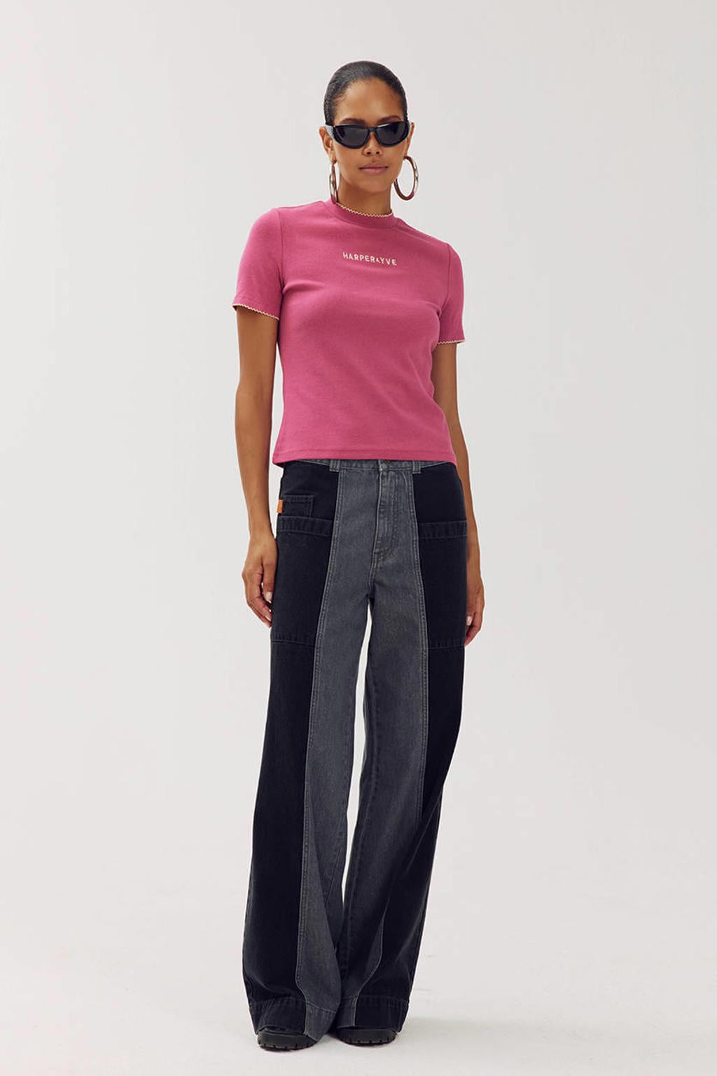 Roze dames HARPER & YVE T-shirt van viscose met effen, korte mouwen, ronde hals en contrast bies