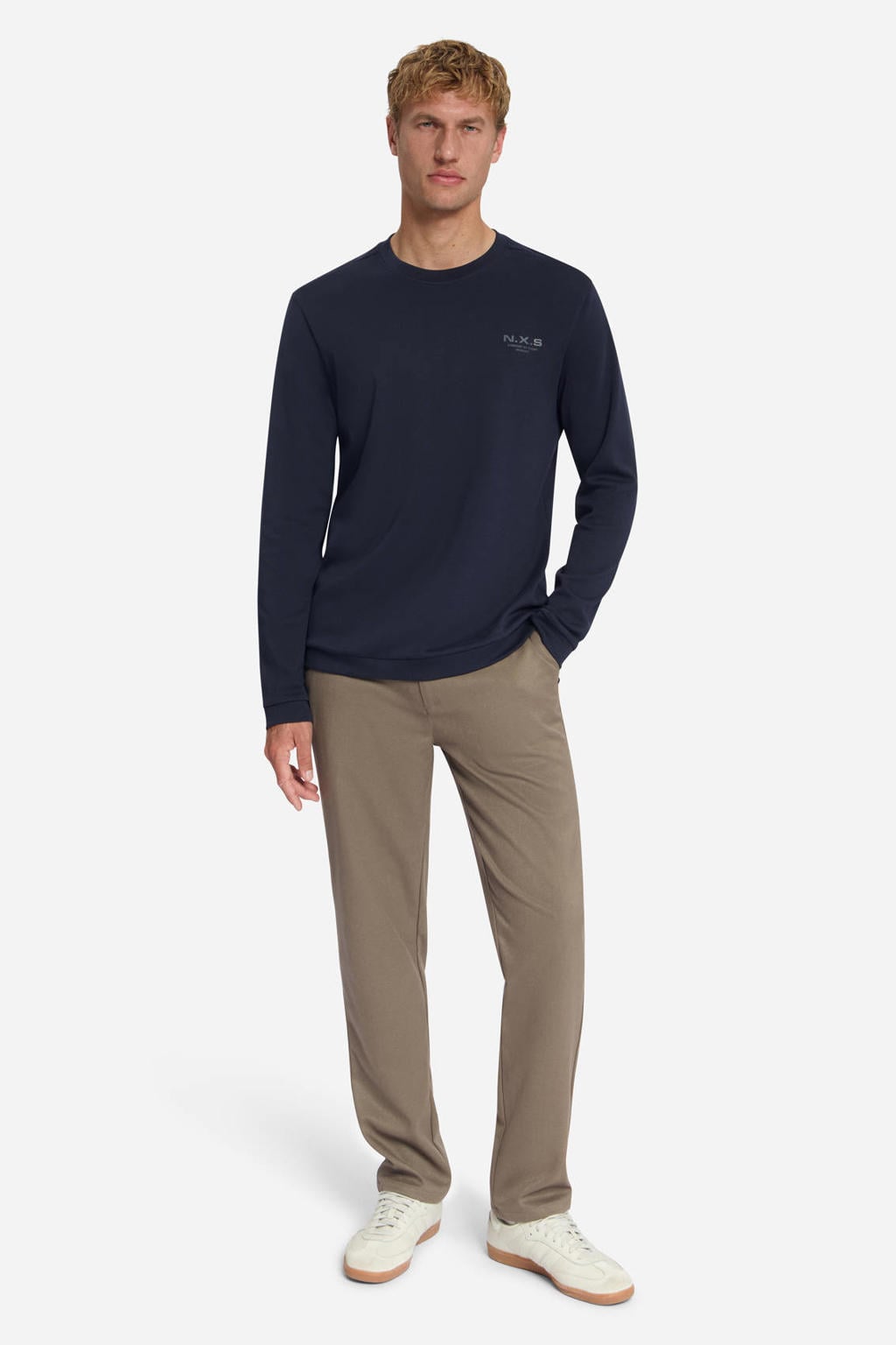 Donkerblauwe heren No Excess regular fit longsleeve van katoen met effen, lange mouwen en ronde hals