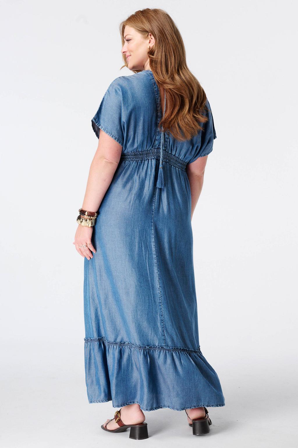 Blauwe dames MS Mode midi jurk Plus Size van lyocell met effen, korte mouwen en striksluiting