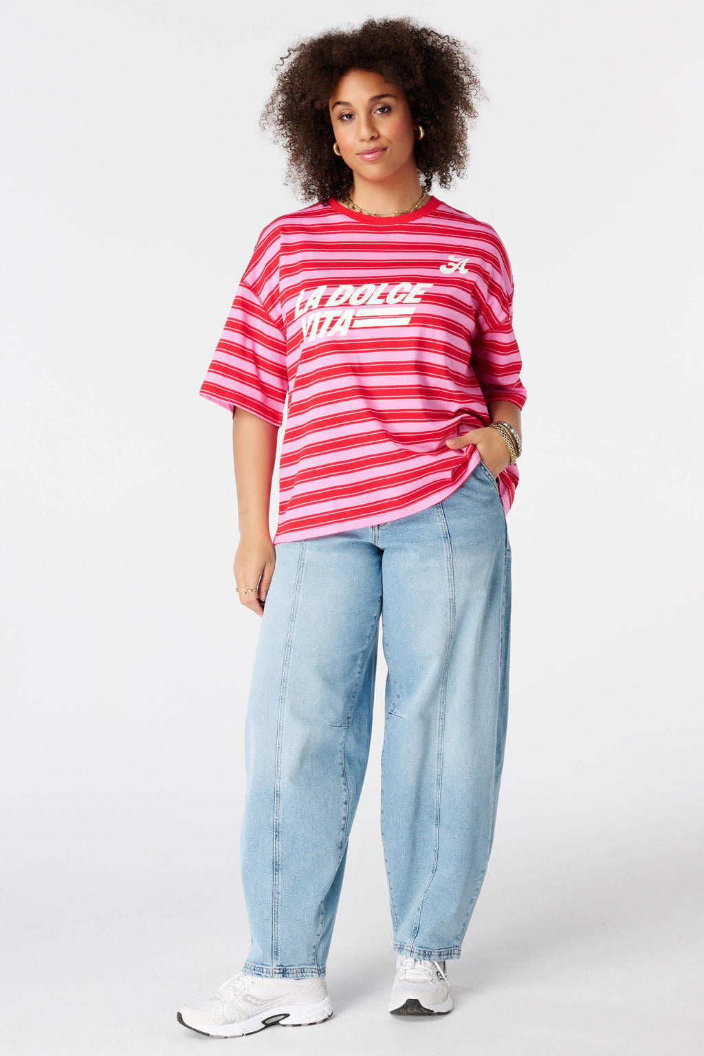 MS Mode gestreept T-shirt Plus Size met tekst - roze