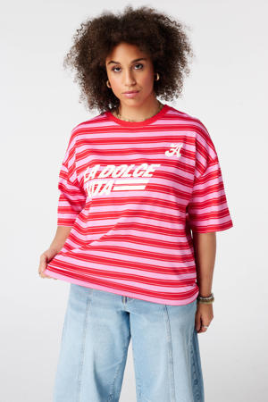 gestreept T-shirt Plus Size met tekst - roze