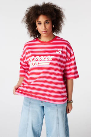 gestreept T-shirt Plus Size met tekst - roze