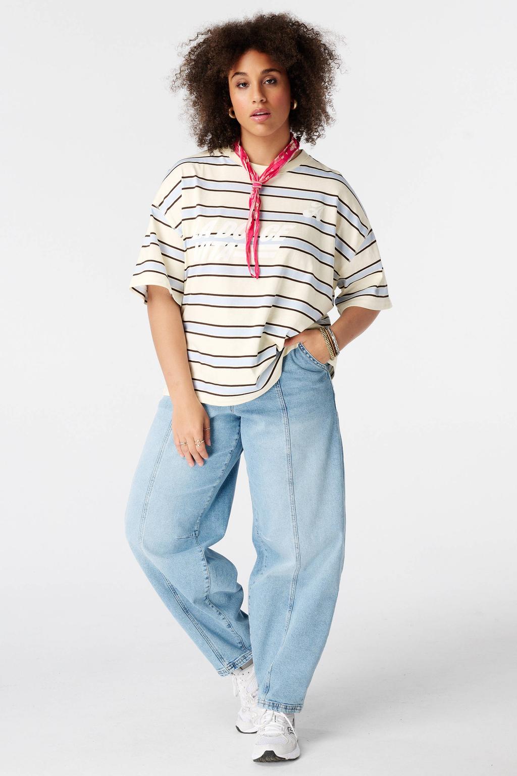 Lichtgeel en lichtblauwe dames MS Mode gestreepte T-shirt Plus Size van katoen met korte mouwen