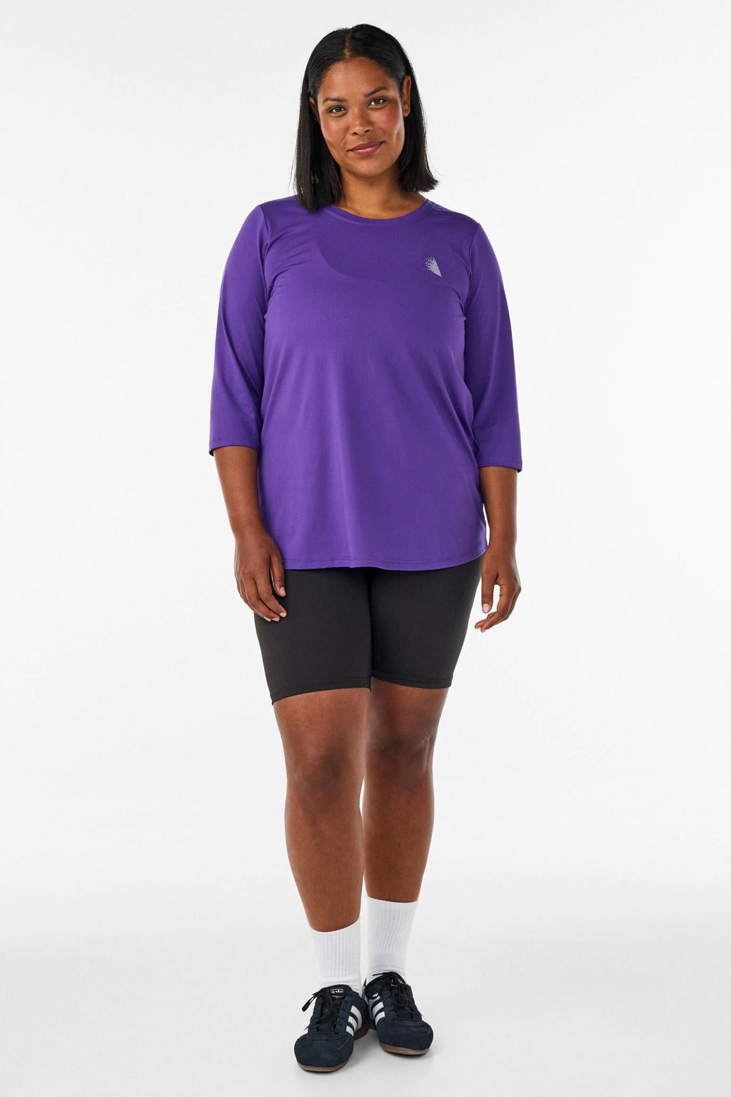 Paarse dames ACTIVE By Zizzi sportshirt mouwen van polyester met effen, driekwart mouwen en ronde hals