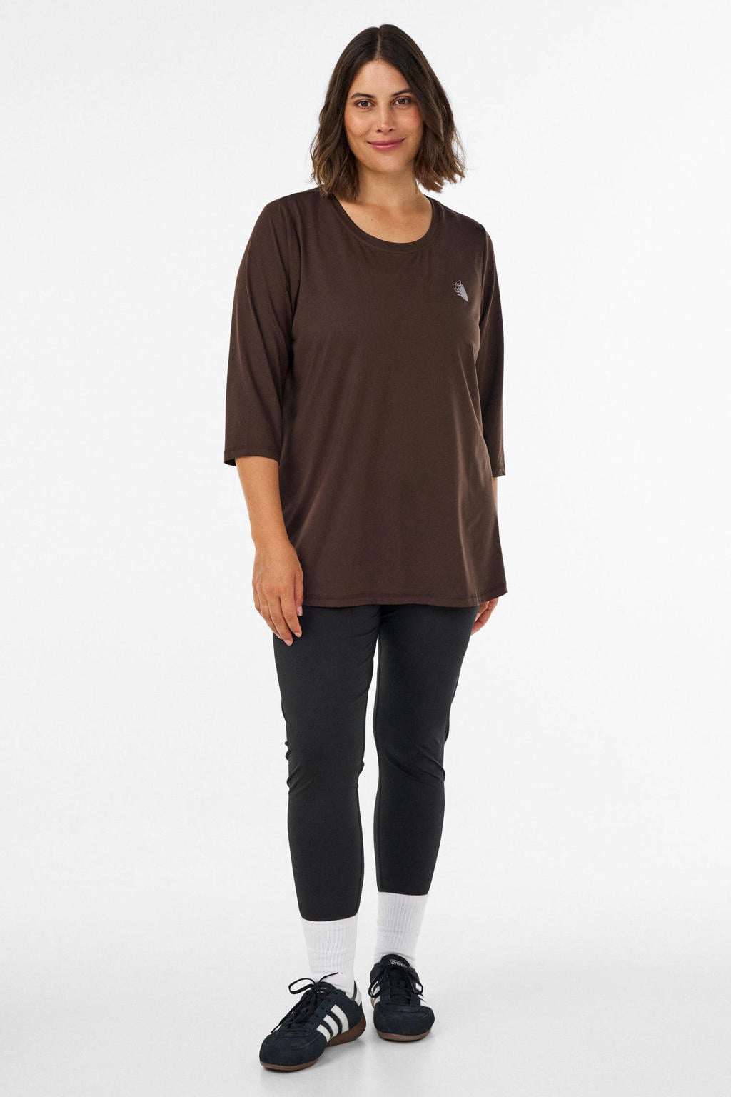 Donkerblauwe dames ACTIVE By Zizzi sportshirt mouwen van polyester met effen, driekwart mouwen en ronde hals