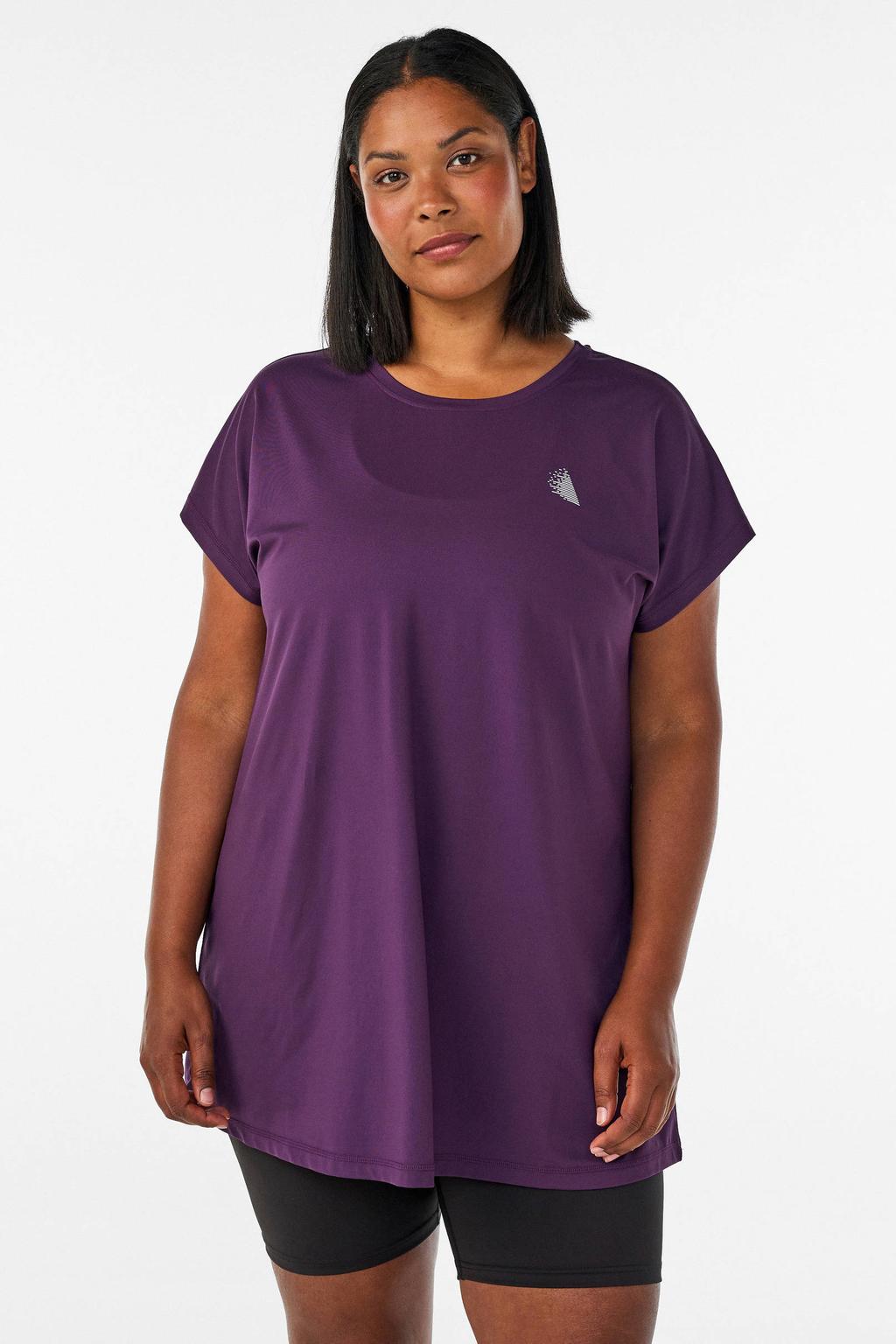 Donkerpaarse dames ACTIVE By Zizzi sportshirt van polyester met korte mouwen en ronde hals