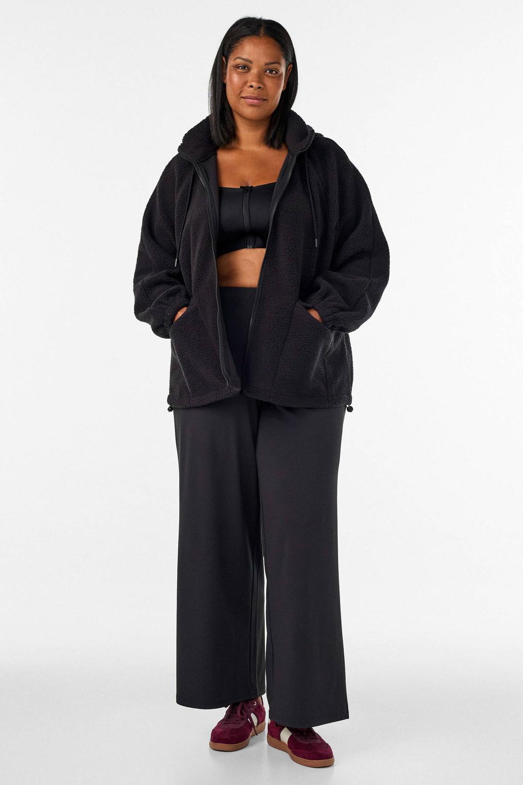 Zwarte dames ACTIVE By Zizzi trainingsjack van polyester met lange mouwen en capuchon