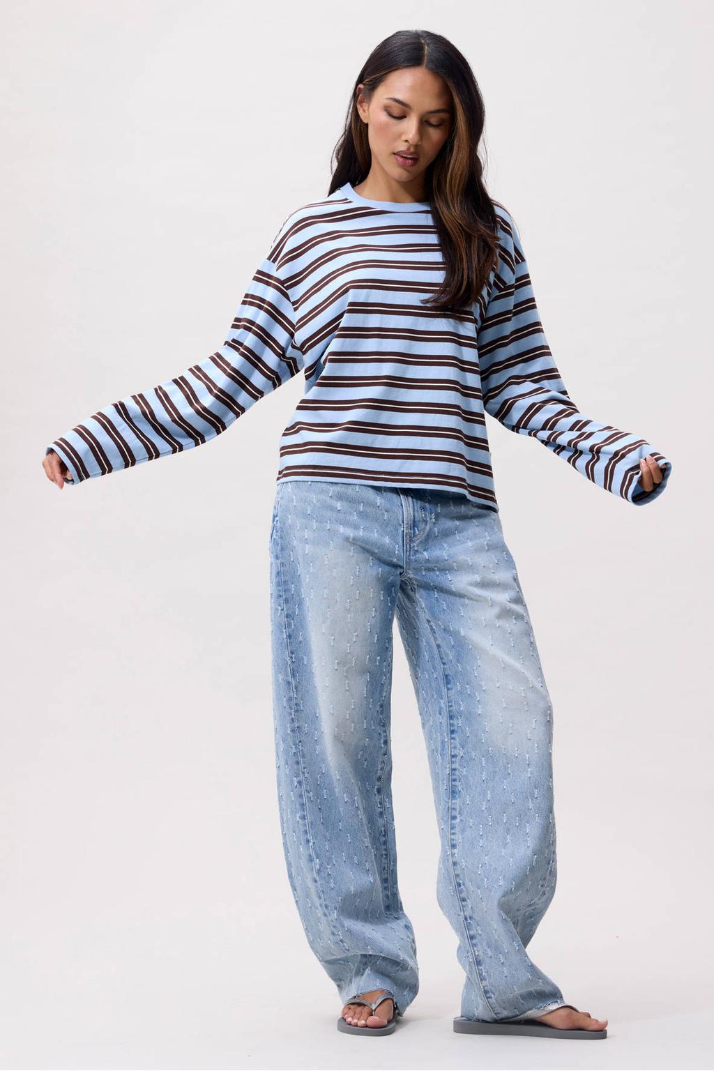 Blauwe dames Catwalk Junkie rechtvallende gestreepte top met lange mouwen en ronde hals