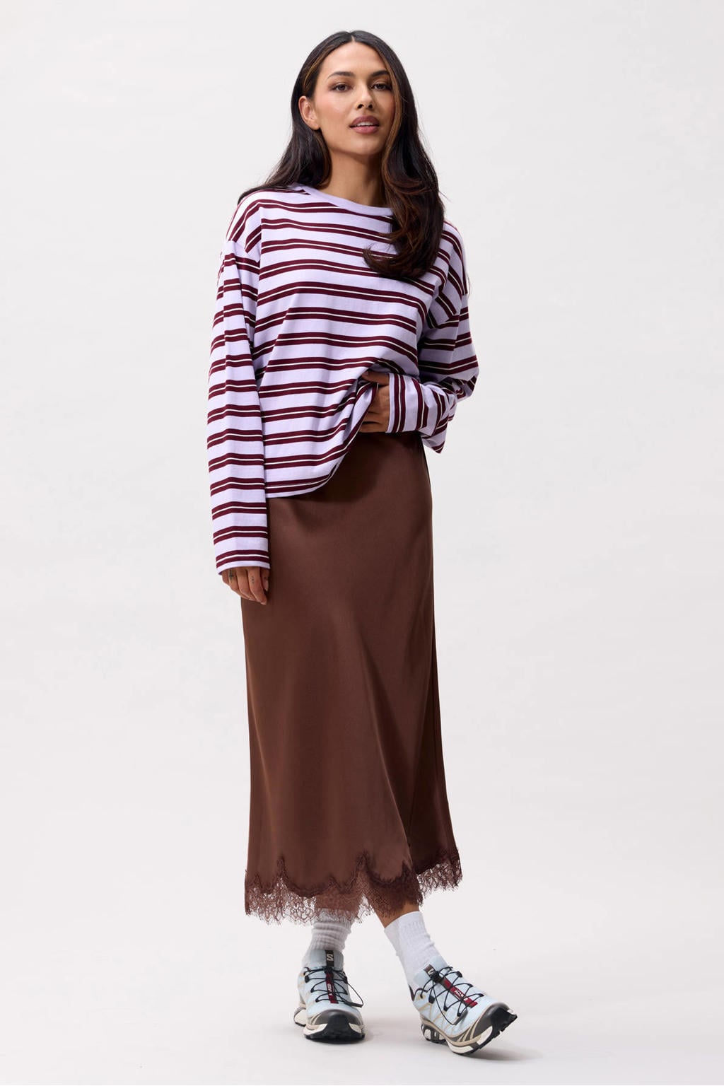 Lila en donkerrode dames Catwalk Junkie rechtvallende gestreepte top met lange mouwen en ronde hals