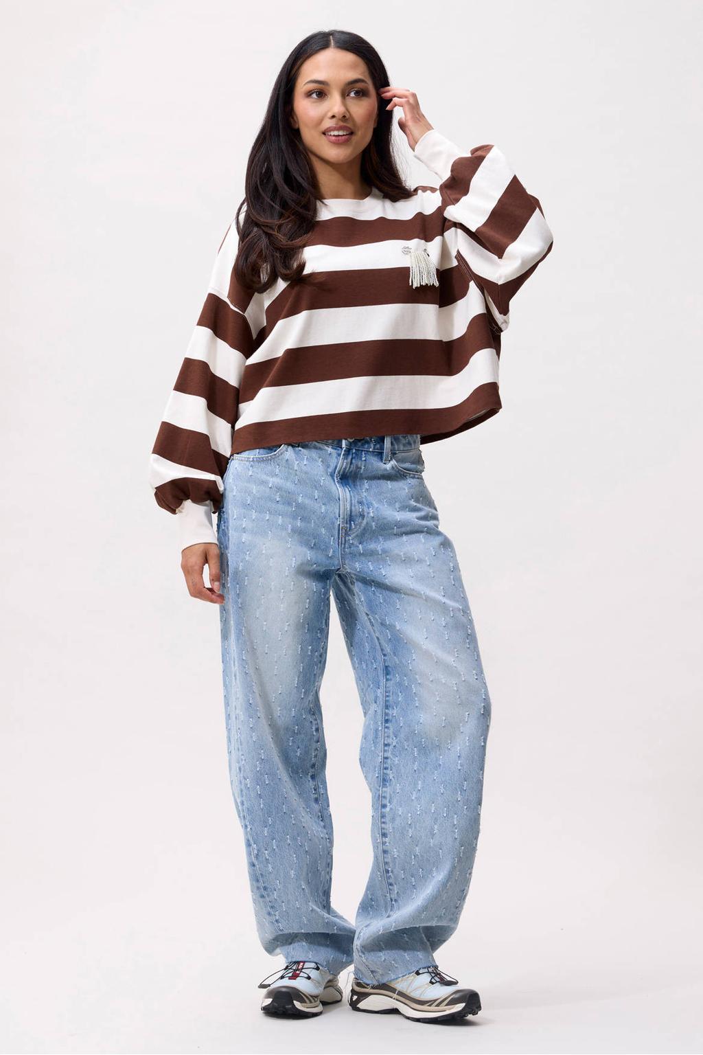 Bruin en witte dames Catwalk Junkie gestreepte top met lange mouwen en ronde hals