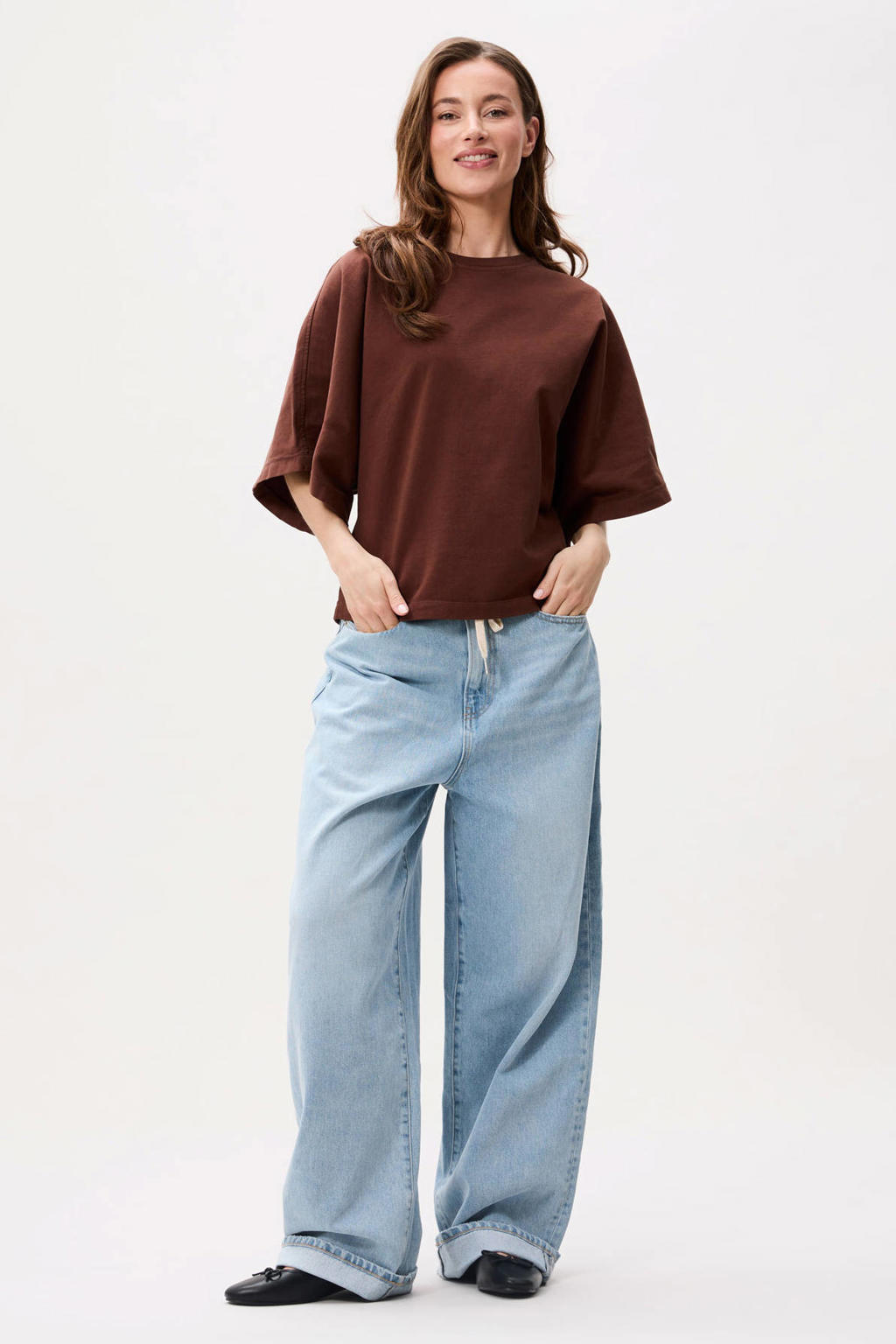 Bruine dames Catwalk Junkie T-shirt van katoen met effen, driekwart mouwen en ronde hals