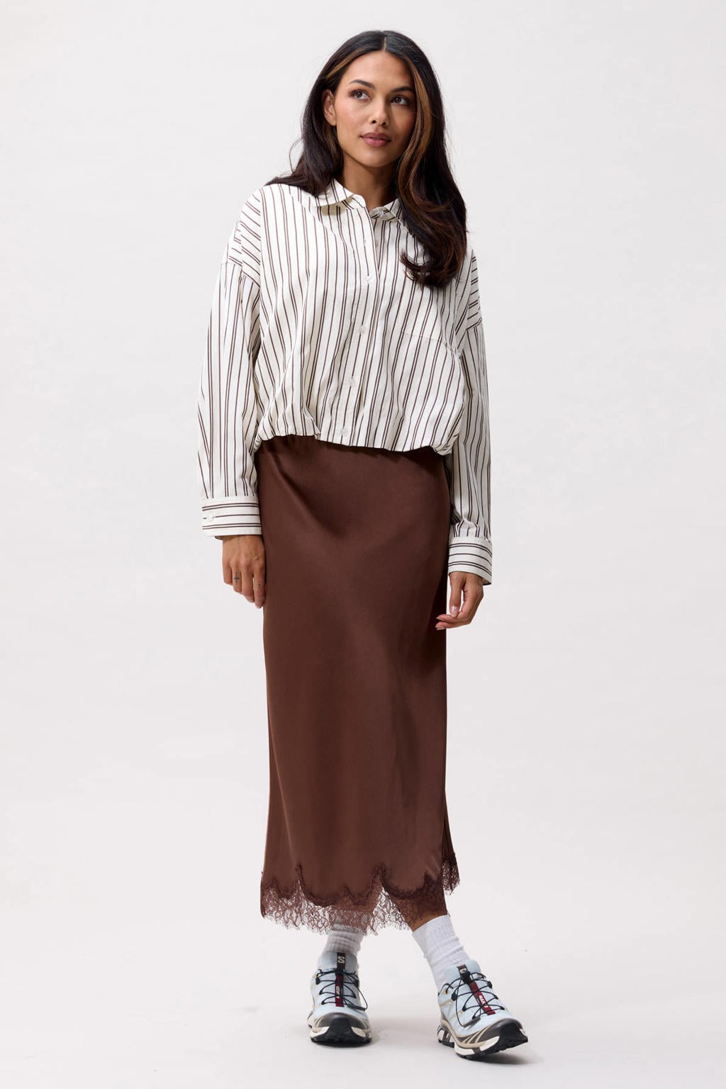 Crème dames Catwalk Junkie gestreepte blouse crème van katoen met lange mouwen, klassieke kraag en knoopsluiting