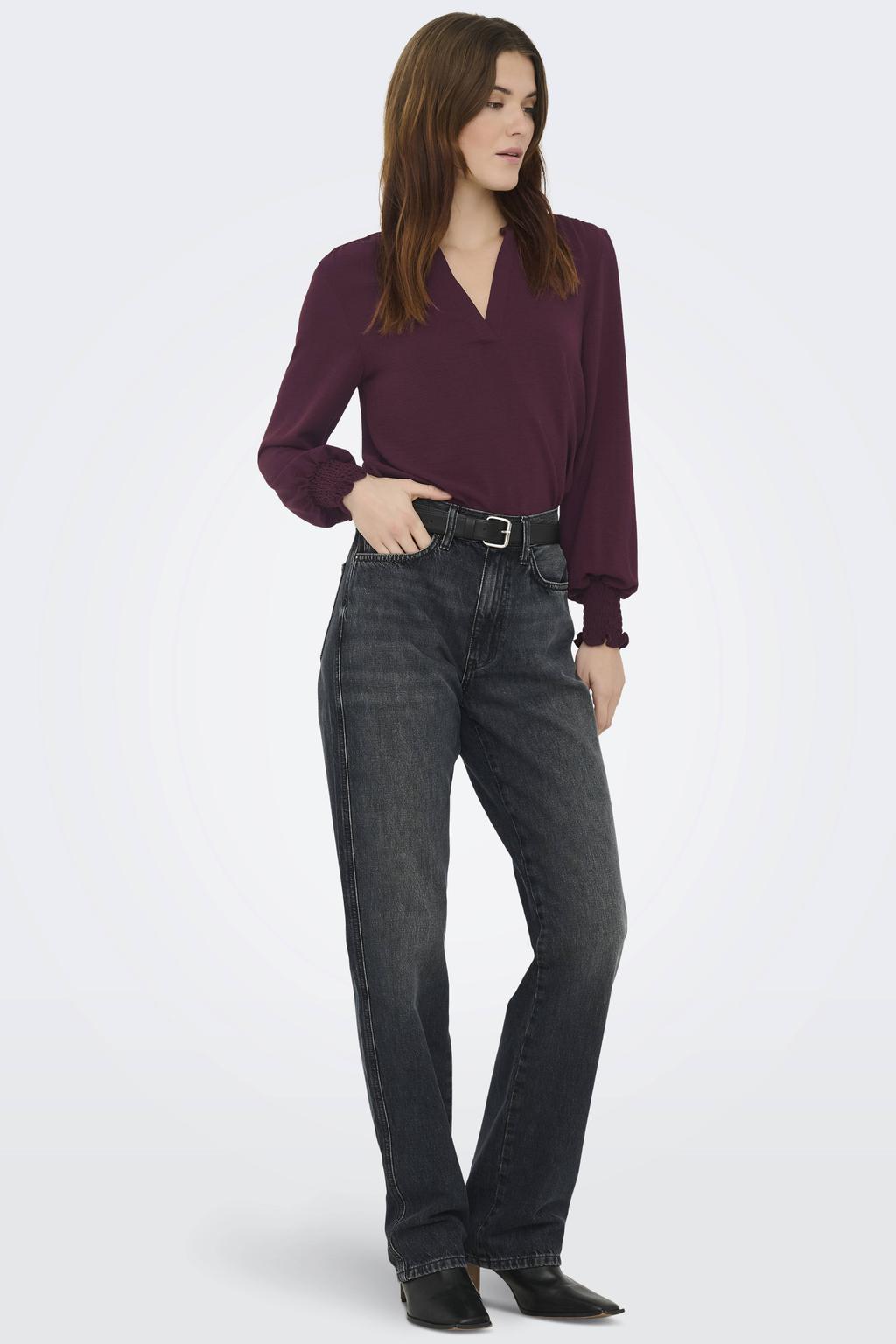 Bruine dames ONLY rechtvallende blousetop van polyester met effen, lange mouwen, V-hals en smockwerk
