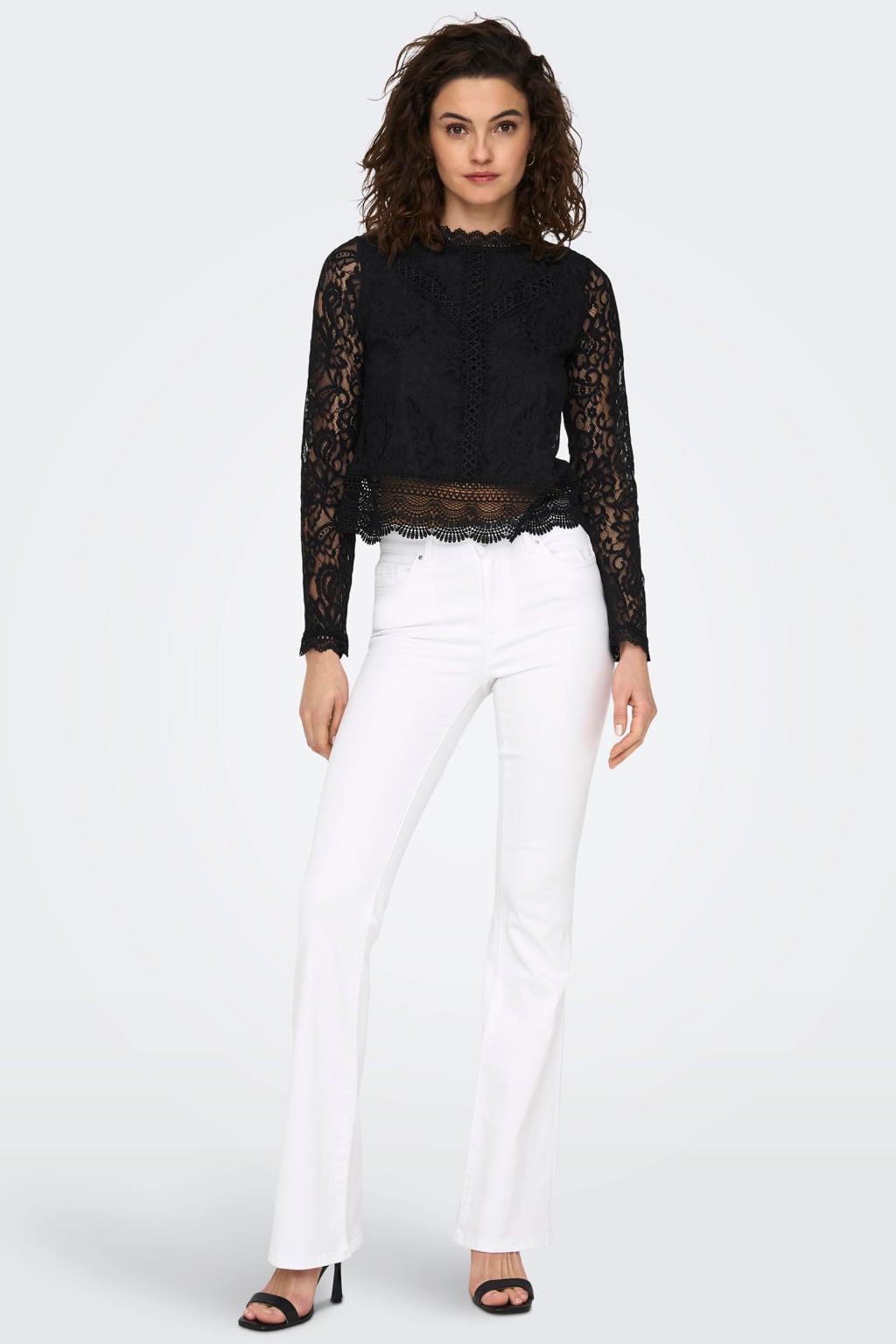 Zwarte dames ONLY top van nylon met lange mouwen, ronde hals en geweven detail