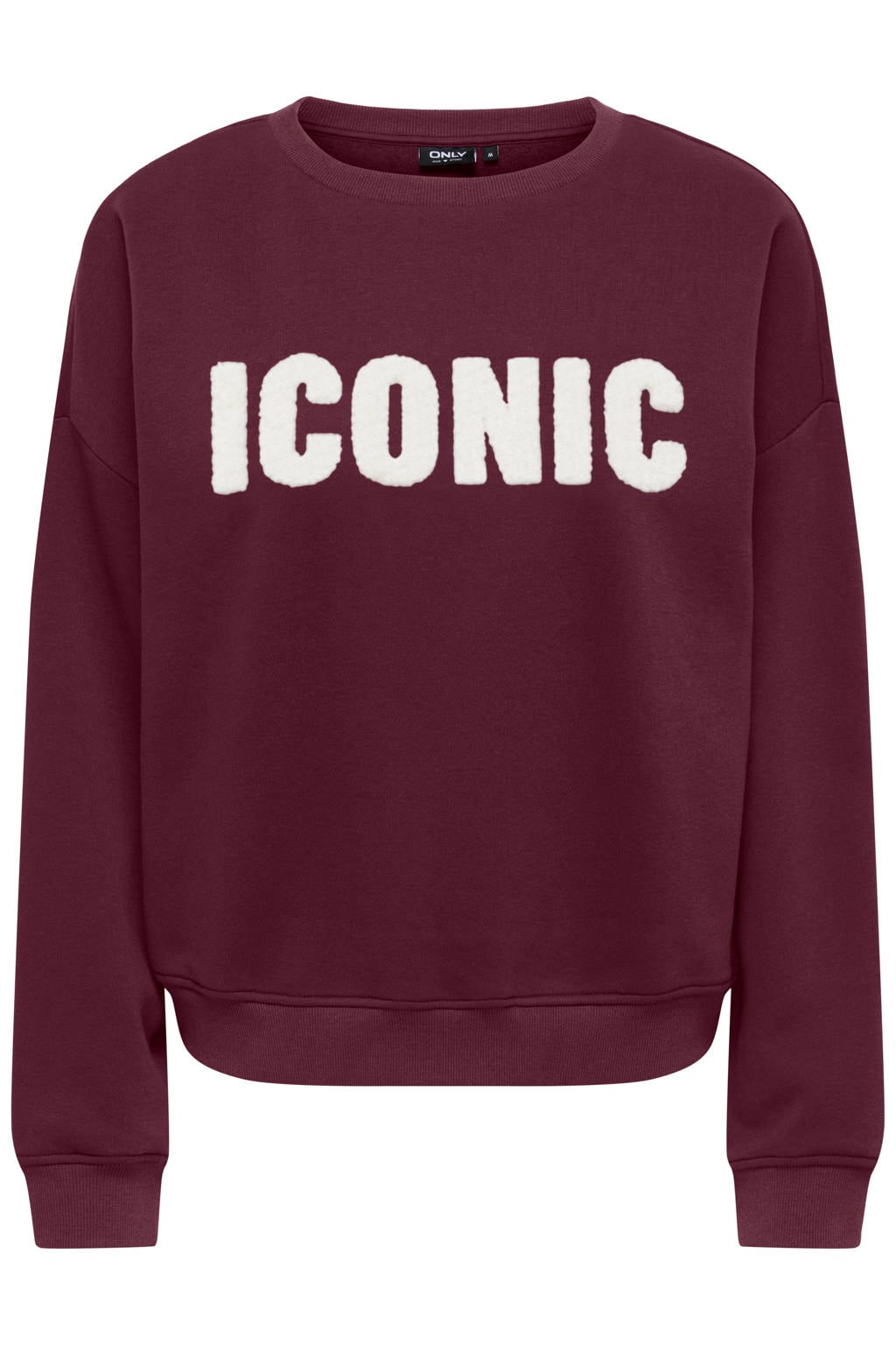 Donkerrood en ecru dames ONLY oversized sweater met tekst print, lange mouwen en ronde hals