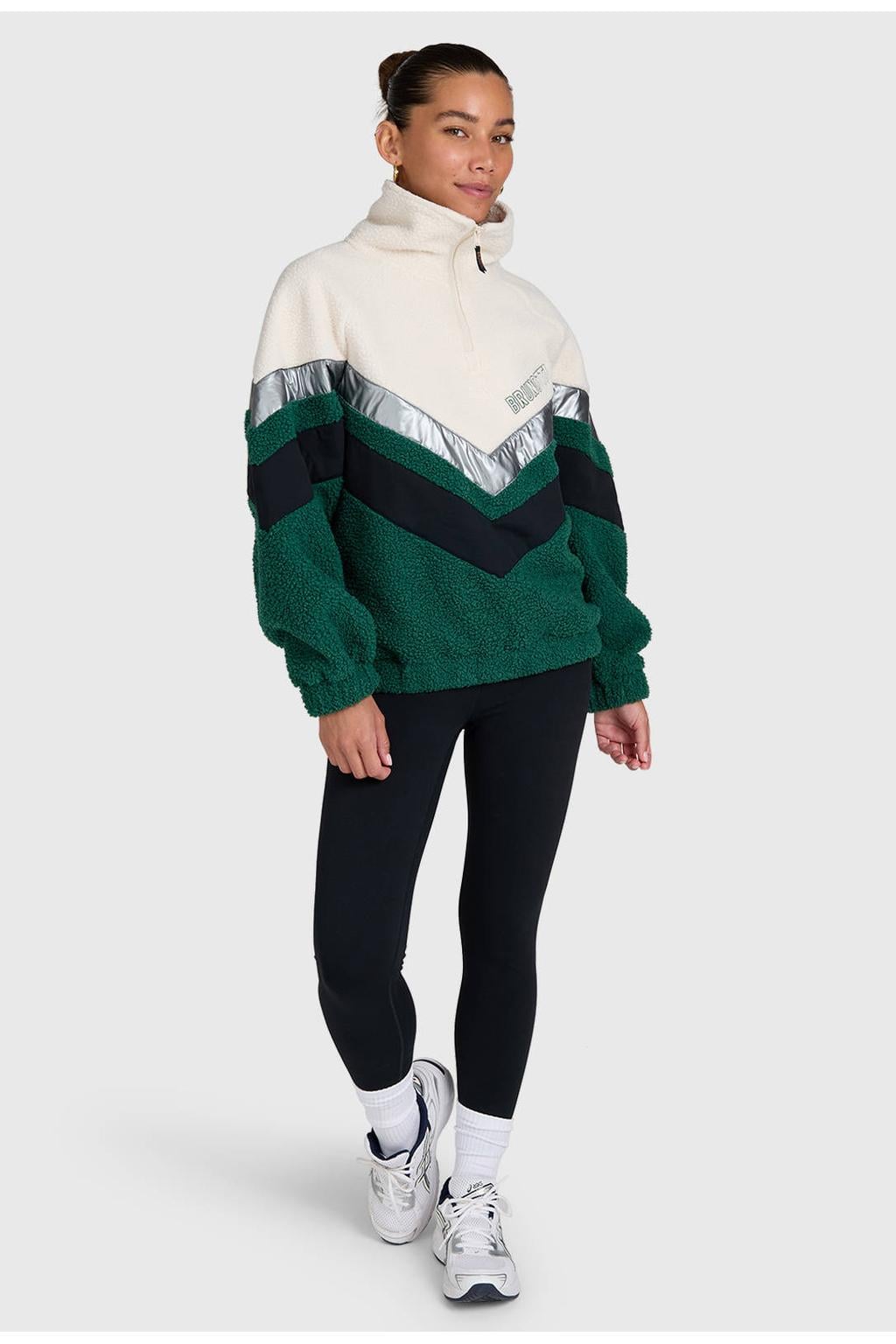 Groen, zwart en zilverkleurige dames Brunotti Sandrea skipully van fleece met lange mouwen en halve rits