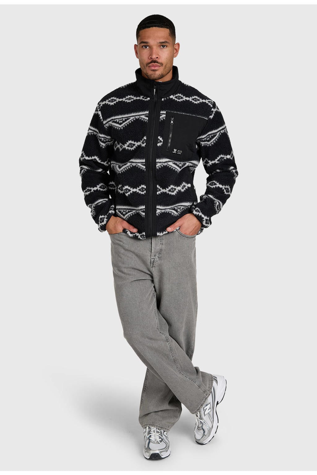 Zwarte heren Brunotti regular fit fleece outdoor vest met lange mouwen en opstaande kraag