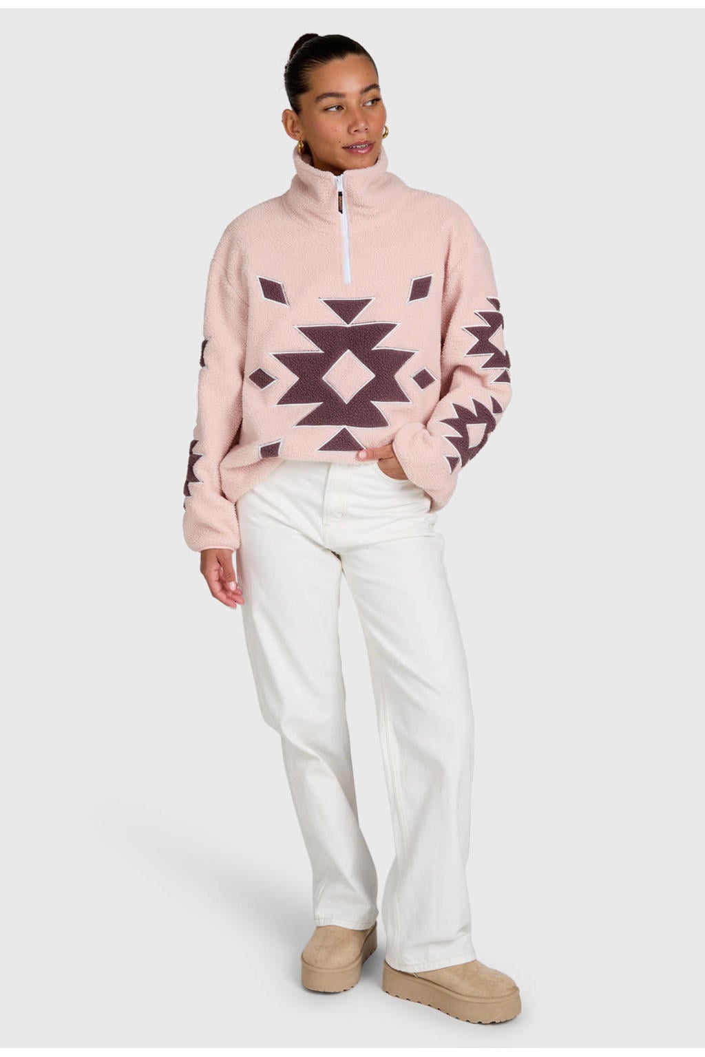 Roze dames Brunotti Charley fleece sweater met lange mouwen, opstaande kraag en halve rits