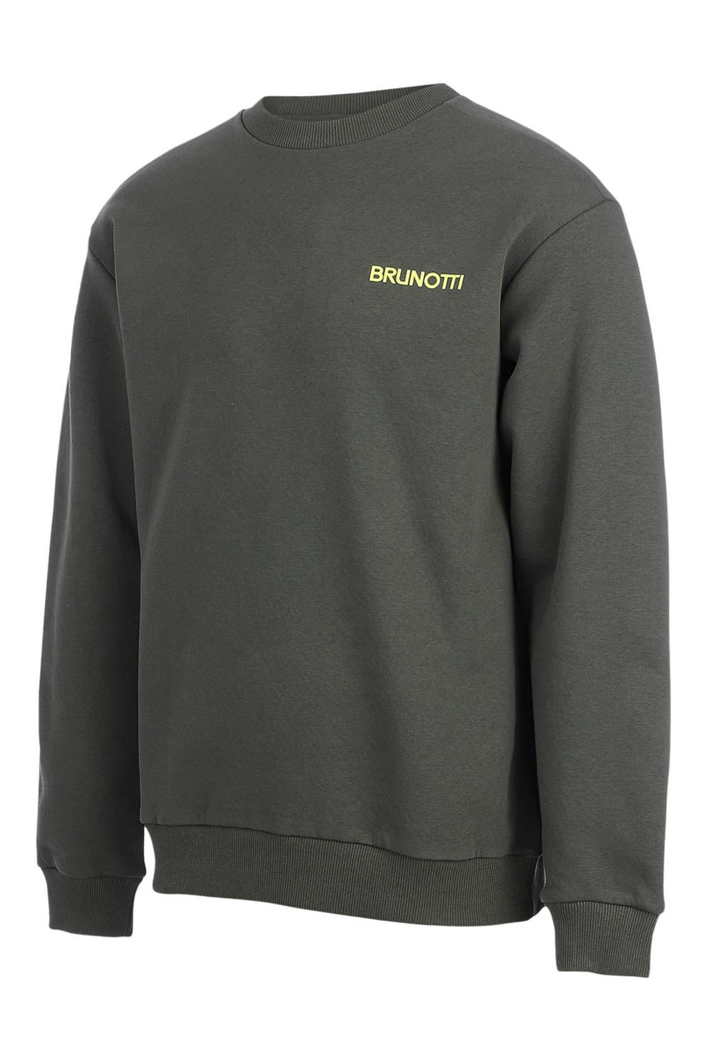 Donkergroen en gele heren Brunotti outdoor sweater van katoen met backprint, lange mouwen en ronde hals