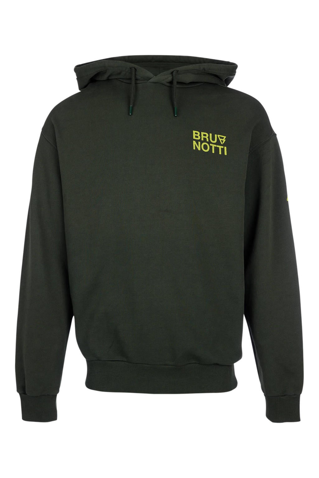Donkergroen en gele heren Brunotti hoodie van katoen met backprint, lange mouwen en capuchon