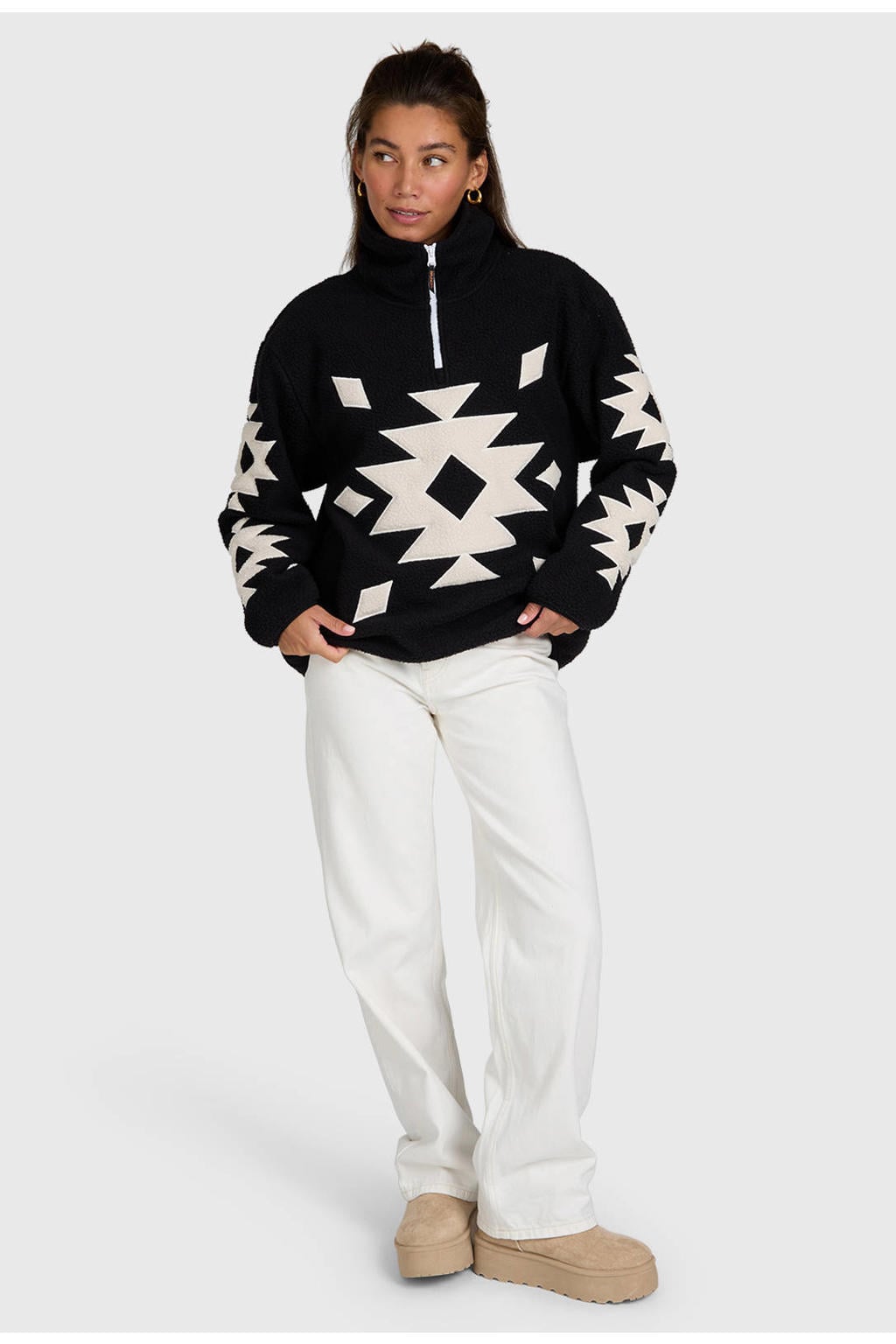Zwarte dames Brunotti Charley fleece outdoor sweater met lange mouwen, opstaande kraag en halve rits